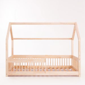 Sur l'image : Lit cabane Meli 160x80 cm avec barrière et barreaux ronds.