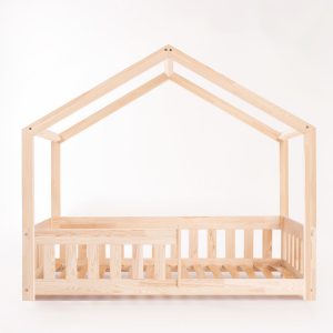 Sur l'image : Lit cabane Pipit 160x80 cm avec barrière et barreaux ronds.