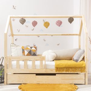 Sur l'image : Lit cabane Meli 160x80 cm avec barrière et tiroir.