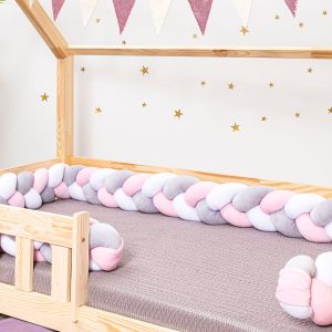 Bed bumper - three-colour braid - White Gray Pink
