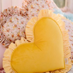 Reversible heart-shaped pillow - Yellow gingham, Spring garden