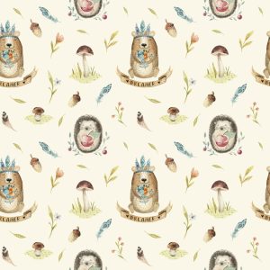 Wallpaper - Forest dreamers - bear and hedgehog - beige