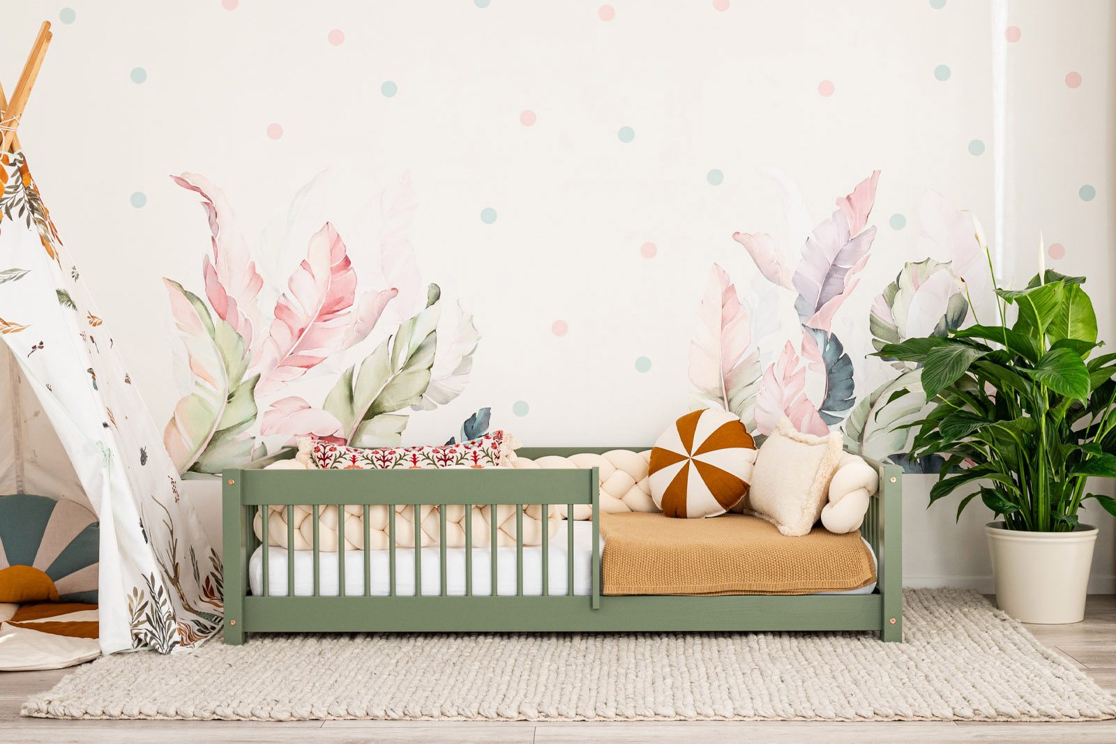 Op de foto: Kinderbed met leuning - Vedo 160x80 cm, leuning met ronde spijlen, kleur: olive