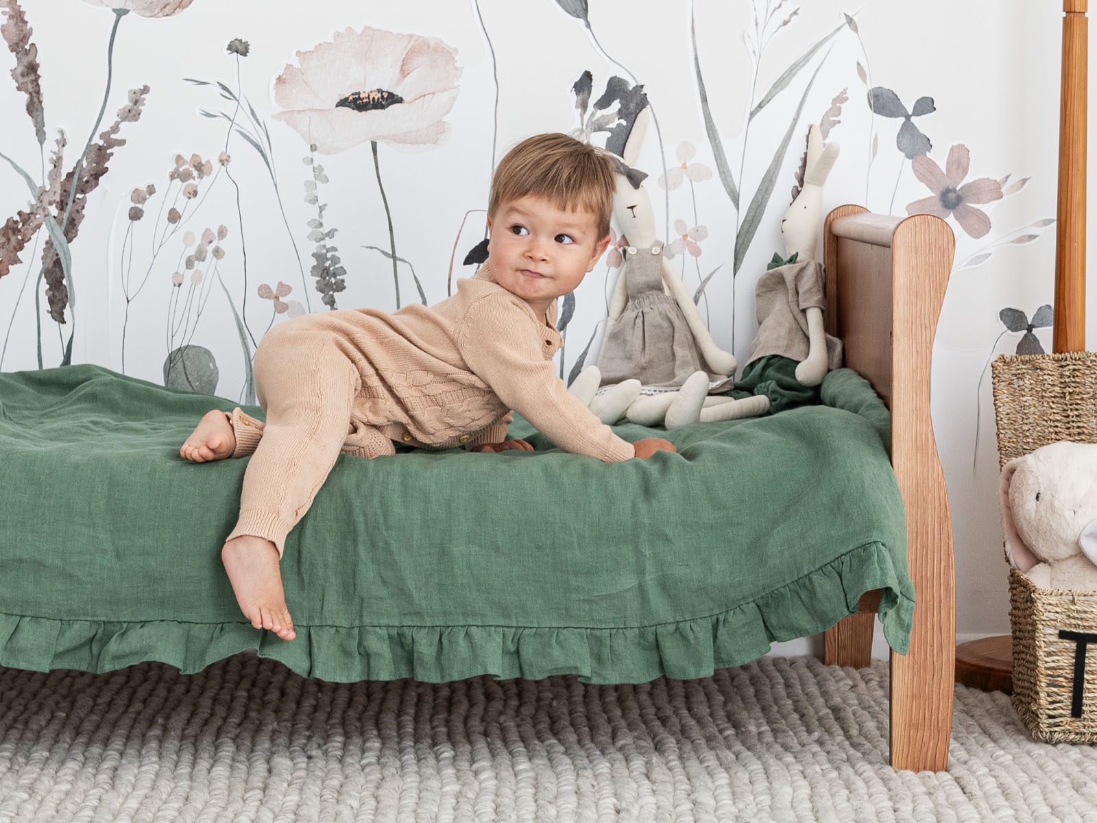 Lnní dětská ložní souprava s volánkem, Barva: Eucalyptus Green