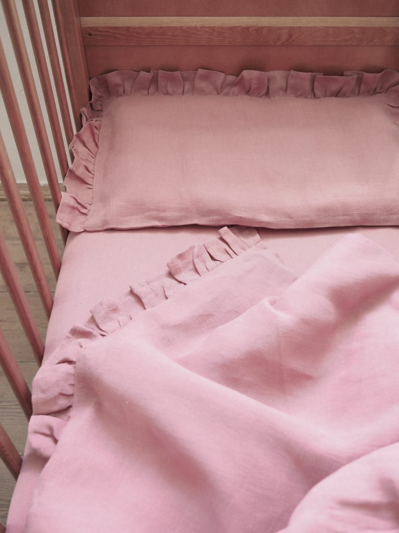 Lnní dětská ložní souprava s volánkem, Barva: Dusty pink