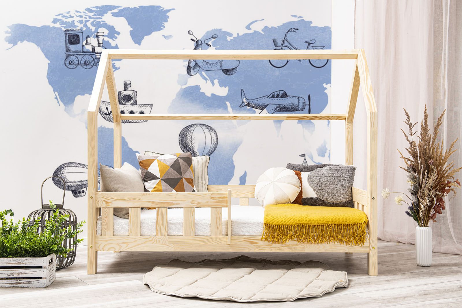 Wall stickers - Transportation map of the world 2 XXL. Bed shown in this picture is 160x80cm.